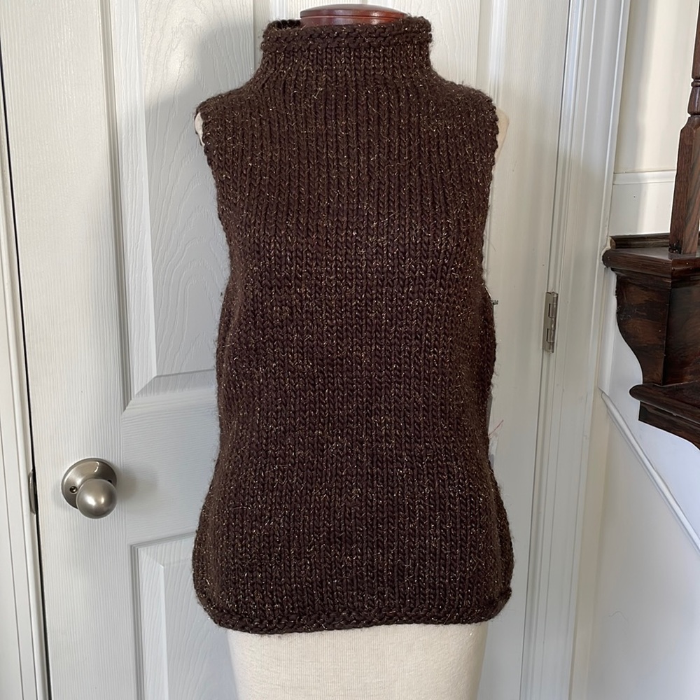 Stunning funnel neck sleeveless wool blend sweater chunky knit metallic NWT